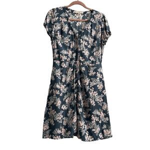 Floral Button Down Short Sleeve Dress with Pockets, Blue and Pink, Cottage, Sz 4